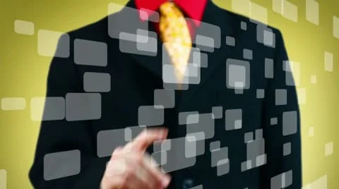 Hand pressing one of many virtual buttons yellow background Stock Footage 9802417