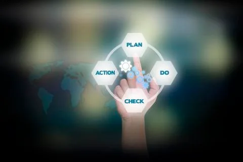 Hand pressing plan - do - check - action process on virtual screen. Stock Photos