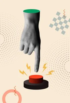 Hand pressing the red start button in retro collage vector illustration Illustrazione stock