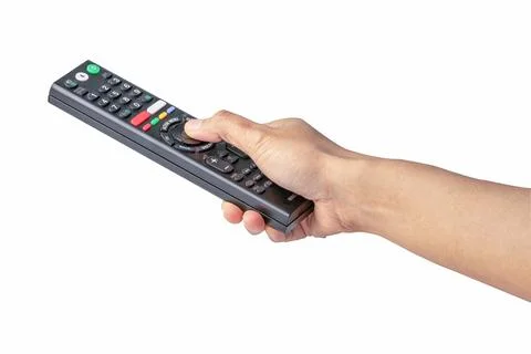 Hand pressing remote control TV television with clipping path isolated on whi Stock Photos