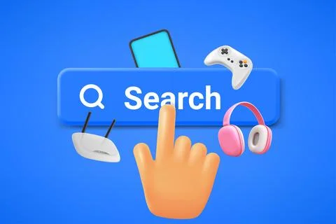 Hand pressing Search button. Internet searching concept. 3d vector illustrati Illustrazione stock