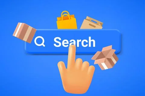 Hand pressing Search button. Internet searching concept. 3d vector illustrati Stock Illustration