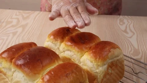Hand Pressing Soft Freshly Baked Toast Bread Close Up Stock Footage 342119952