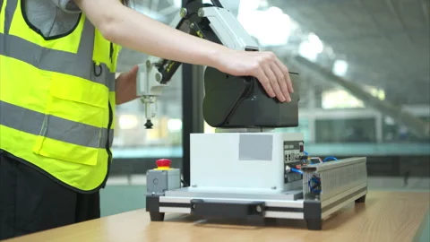 Hand pressing the stop button on the control panel of an industrial machine. Stock Footage 266702408