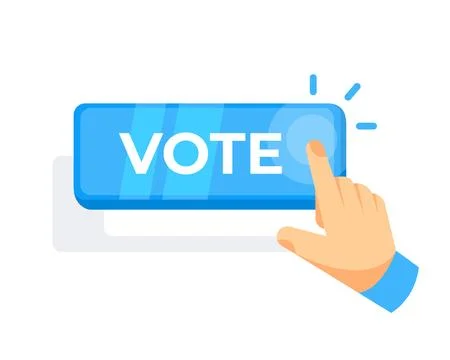 Hand pressing a VOTE button, symbolizing participation in online voting or Stock Illustration