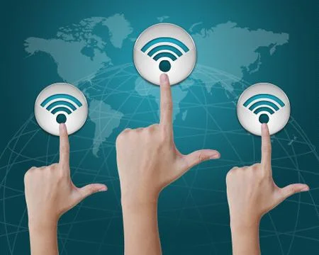 Hand pressing wireless button Foto stock