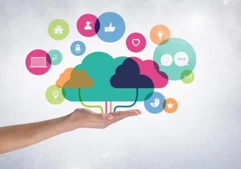 Hand pretending to hold digitally generated application icons interface Foto stock