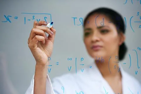 Hand, problem solving and science on glass with woman in studio on gray Foto stock