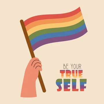 Hand with Progress Pride Flag. LGBT rainbow symbol. LGBTQ community. Holida.. Stock Illustration