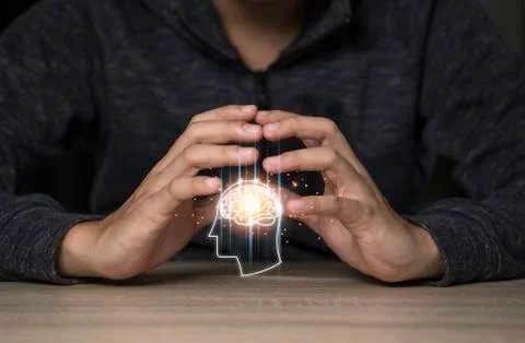 Hand protect creativity illustration electronic circuit brain with human face Stock Photos