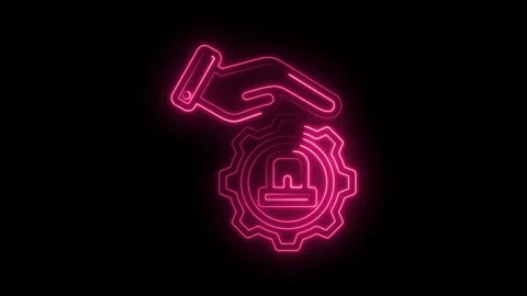 Hand protecting data security with lock and gear neon light effect animation Stock Footage 330784998