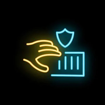 Hand protecting parcel with shield neon sign on a black background 스톡 일러스트