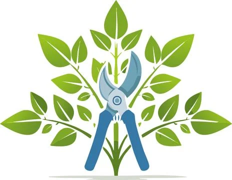 Hand pruning shears cutting branches on leafy shrub symbol of gardening car.. Stock Illustration