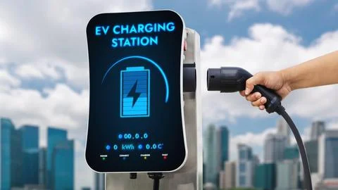 Hand pull and hold EV charger from empty screen charging station. Peruse Stock Photos