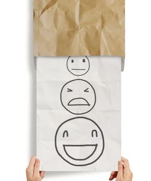 Hand pull crumpled paper with customer service evaluation icon as concept Stock Illustration