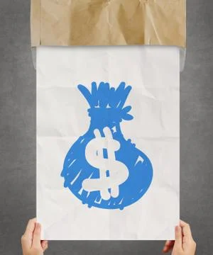 Hand pull crumpled paper show dollar sign bag out of recycle envelope as conc イラスト素材