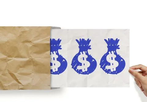 Hand pull crumpled paper show dollar sign bag out of recycle envelope as conc Stock Illustration