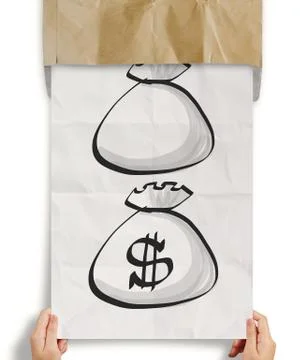 Hand pull crumpled paper show dollar sign bag out of recycle envelope as conc イラスト素材