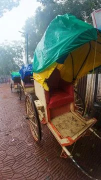Hand-pulled rickshaws in Matheran hill station stand idle Stock Photos