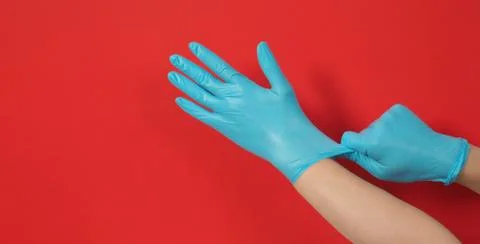 Hand is pulling blue latex gloves or surgical gloves on red background. Stock Photos