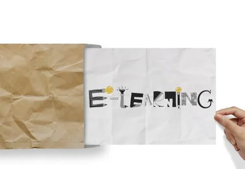 Hand pulling crumpled paper from envelope with design word e-learning  as con Stock Illustration