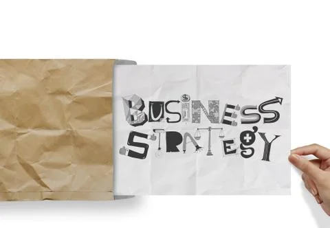 Hand pulling crumpled paper from envelope with design word business strategy  Stock Illustration