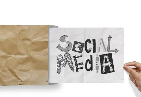 Hand pulling crumpled paper from envelope with design word social media  as c Stock Illustration