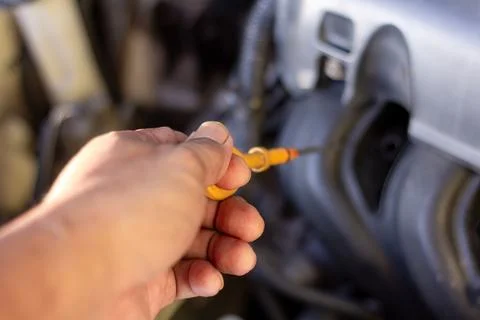 Hand pulling engine oil dipstick to inspect fluid level and condition for p.. Foto stock