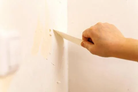 Hand pulling old wallpaper off the wall Stock Photos