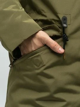 Hand pulling olive jacket zipper cord Stock Photos