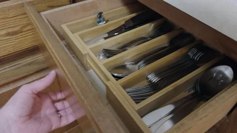 Hand Pulling Open Cutlery Drawer In Kitchen Stock Footage 303066117