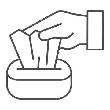 Hand pulling paper tissue thin line icon. Preventive measures Covid-19 spread Illustrazione stock