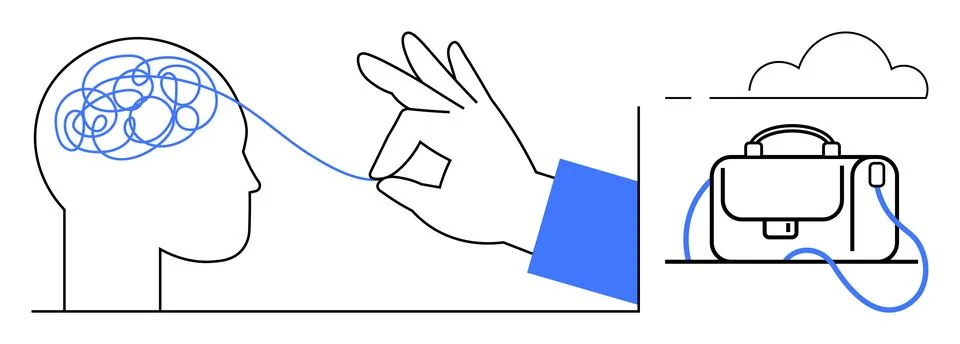 Hand pulling thread from tangled lines in head to bag, symbolizing clarity, p Stock Illustration