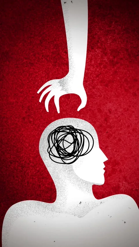 Hand pulling a thread of tangled thoughts from a person's head Stock Footage 342478576