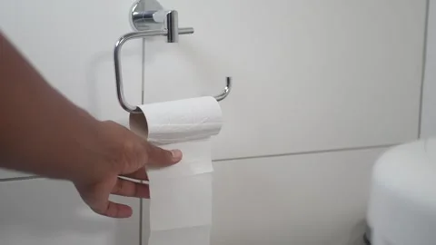 Hand pulling toilet paper roll in holder Stock Footage 289353029