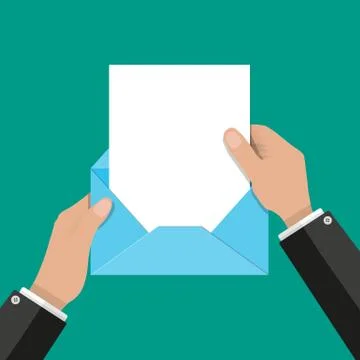 Hand pulls from envelope a sheet of empty paper 스톡 일러스트