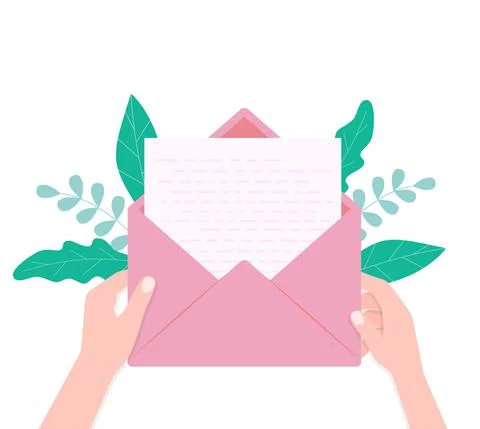 Hand pulls from envelope a sheet of empty paper. mail concept. vector illustr 스톡 일러스트