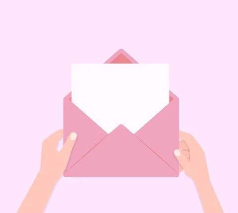 Hand pulls from envelope a sheet of empty paper. mail concept. vector illustr 스톡 일러스트