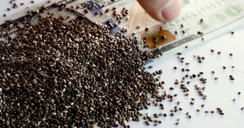 A hand pulls out a 100 dollar bill covered with chia seeds. Close-up 4K video Stock Footage 154244049