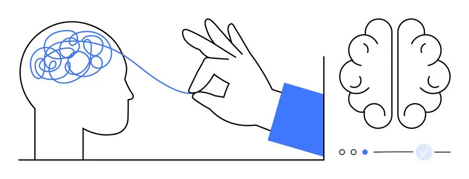 Hand pulls thread from chaotic brain lines, transforming into clear brain sec Illustrazione stock