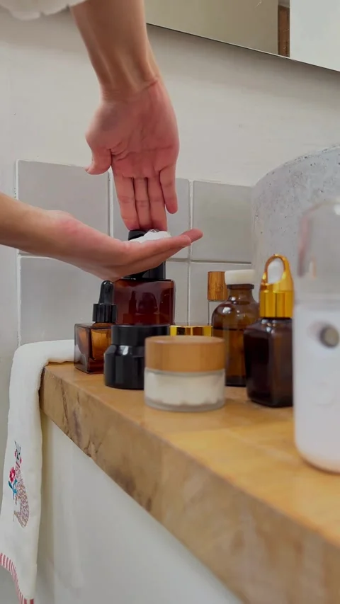 Hand pumping foam from a bottle on bathroom shelf Stock Footage 331773915