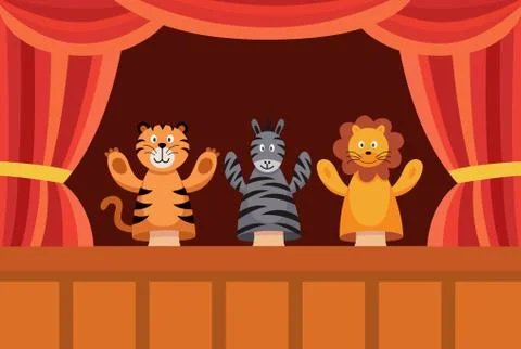 Hand puppet show poster with cute cartoon toy animals performing a play. Stock Illustration