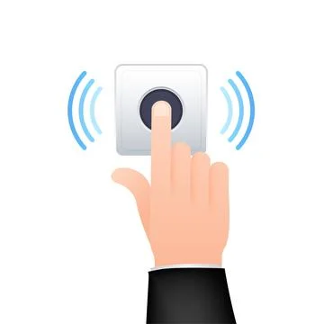 Hand push the bell button at the front door. Flat button. Flat vector Stock Illustration