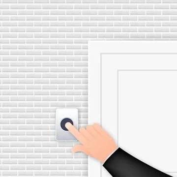 Hand push the bell button at the front door. Flat button. Flat vector Stock Illustration
