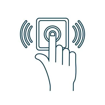 Hand push the bell line button at the front door. Flat button. Flat vector Stock Illustration