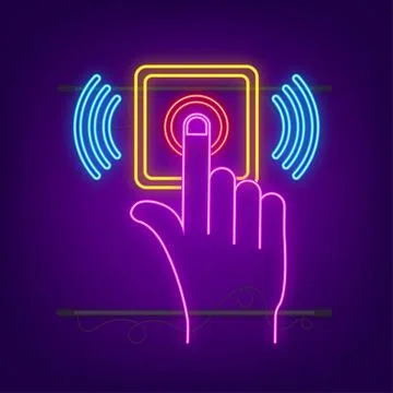 Hand push the bell neon button at the front door. Flat button. Flat vector Stock Illustration