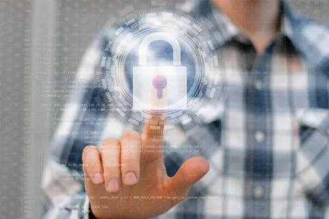 Hand push the lock virtual button, 3d interface, data protections Stock Photos