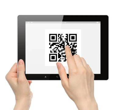 Hand push qr code on tablet pc. Stock-Illustration