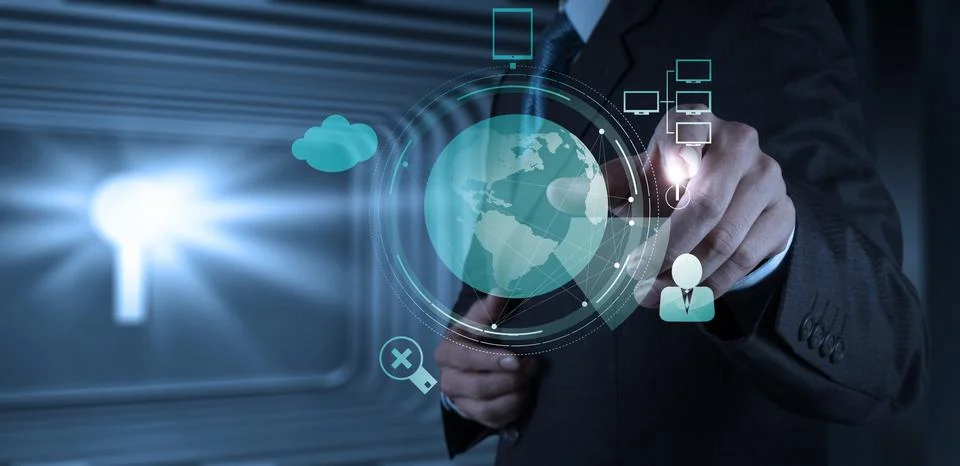 Hand push start cloud computing diagram on the new computer interface as conc Stock Illustration