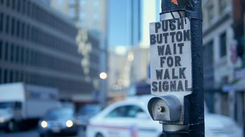 Hand Pushes Boston Crosswalk Button with Traffic and Pedestrians in Bokeh Stock Footage 32629207